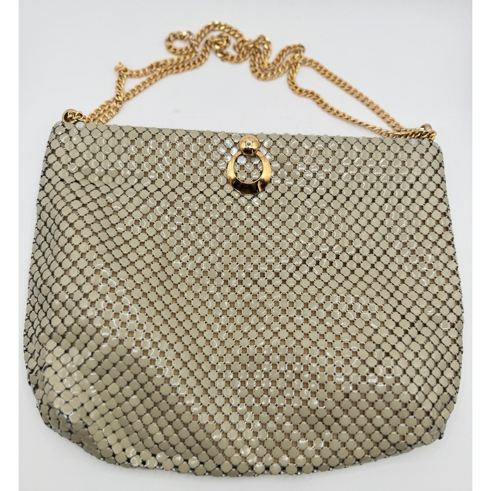 Whiting & Davis Vintage 70s Disco Metal Mesh Chain Strap Clutch Bag Beige Good